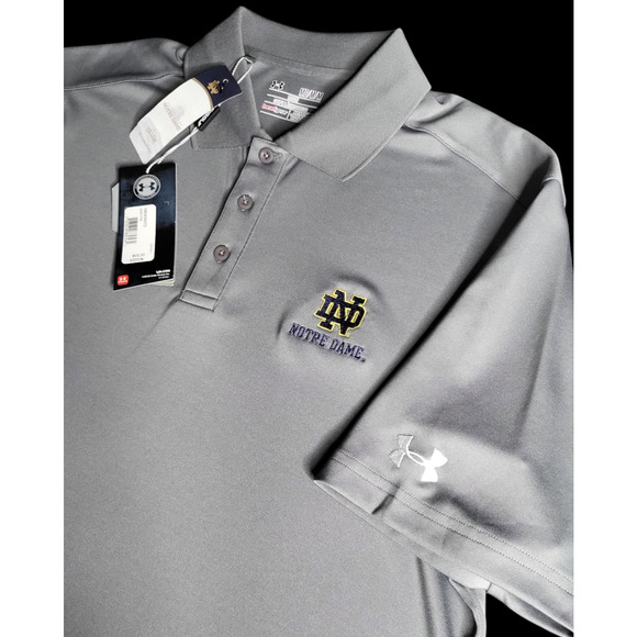 NWT UNDER ARMOUR Notre Dame Fighting Irish Golf Polo Shirt Grey Men’s Size M - Picture 2 of 11